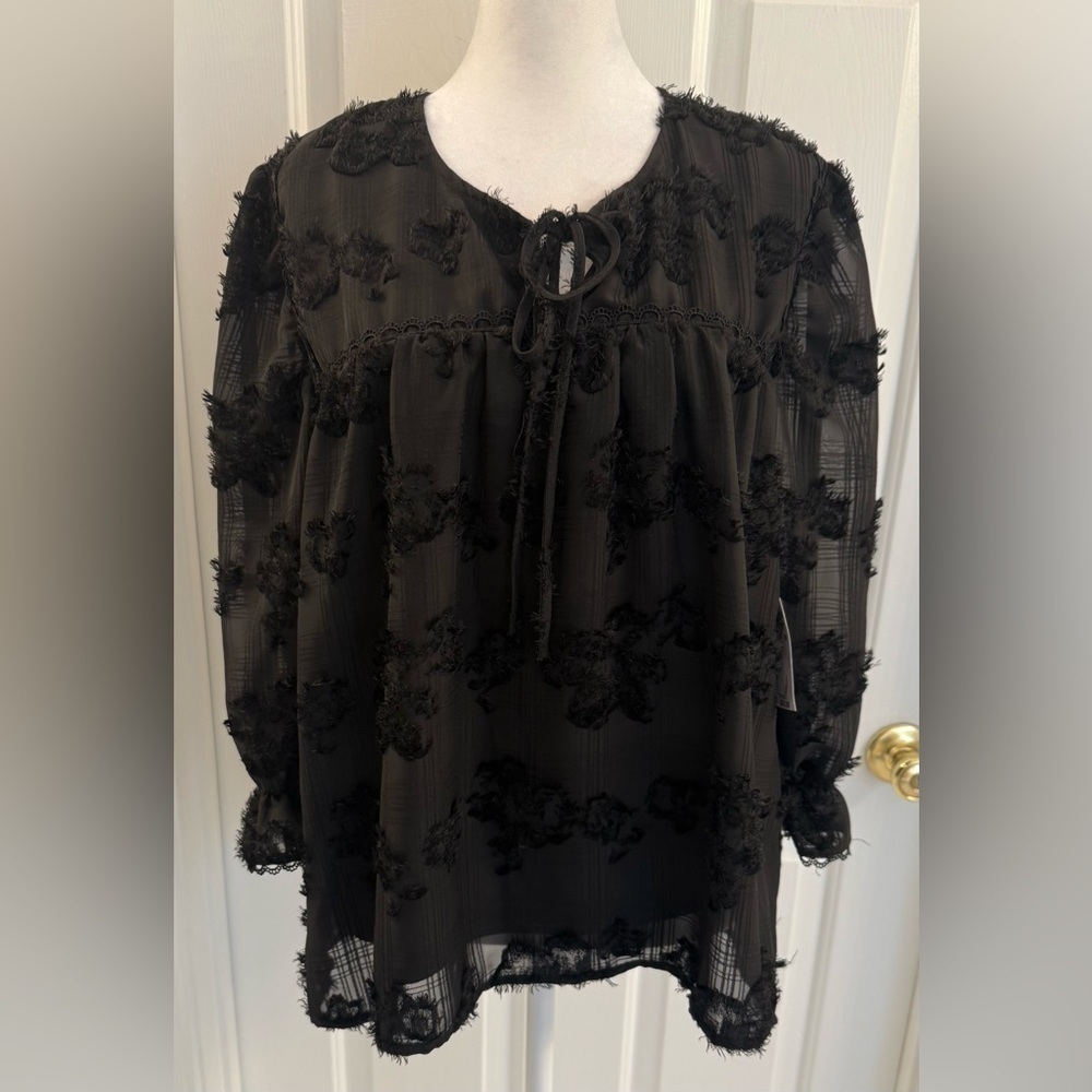 NWT Koko + Mason Lace Ruffle Black  Top Size M - Picture 2 of 10